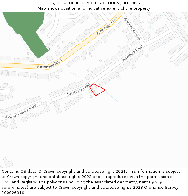 35, BELVEDERE ROAD, BLACKBURN, BB1 9NS: Location map and indicative extent of plot