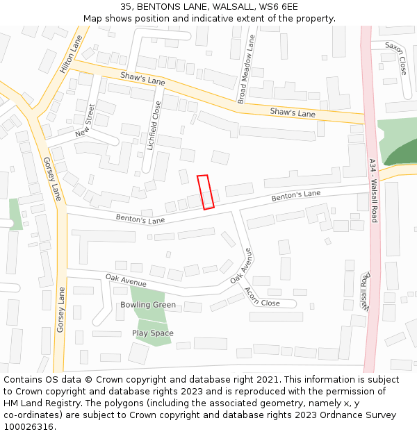 35, BENTONS LANE, WALSALL, WS6 6EE: Location map and indicative extent of plot