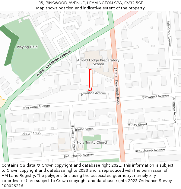 35, BINSWOOD AVENUE, LEAMINGTON SPA, CV32 5SE: Location map and indicative extent of plot