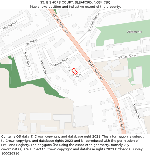 35, BISHOPS COURT, SLEAFORD, NG34 7BQ: Location map and indicative extent of plot