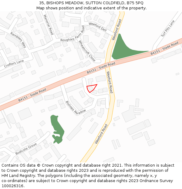 35, BISHOPS MEADOW, SUTTON COLDFIELD, B75 5PQ: Location map and indicative extent of plot