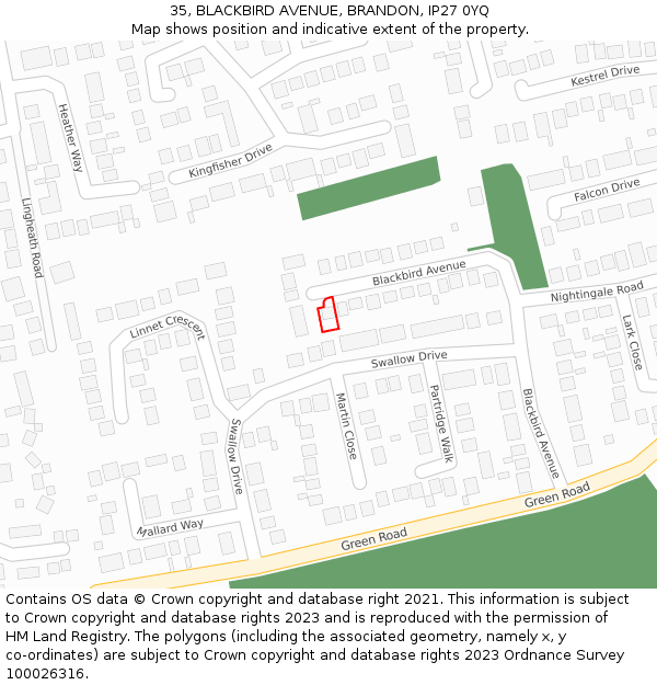 35, BLACKBIRD AVENUE, BRANDON, IP27 0YQ: Location map and indicative extent of plot