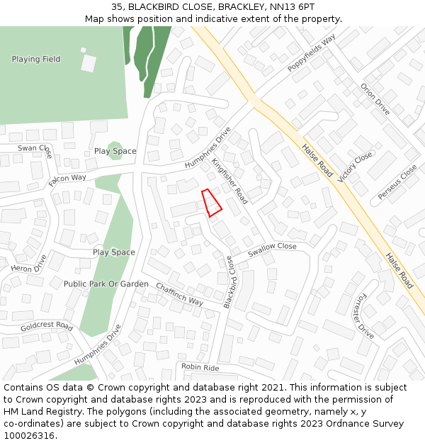 35, BLACKBIRD CLOSE, BRACKLEY, NN13 6PT: Location map and indicative extent of plot