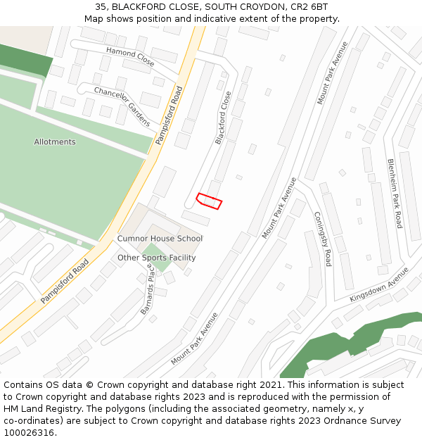 35, BLACKFORD CLOSE, SOUTH CROYDON, CR2 6BT: Location map and indicative extent of plot