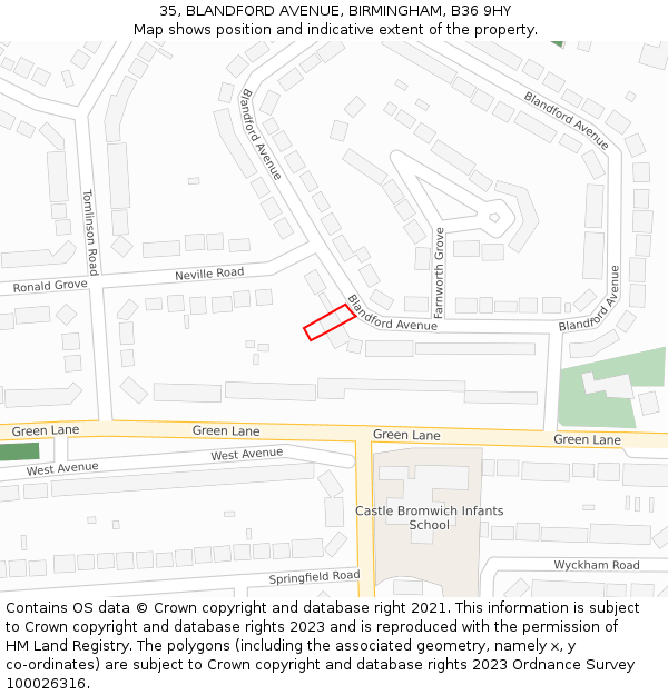 35, BLANDFORD AVENUE, BIRMINGHAM, B36 9HY: Location map and indicative extent of plot
