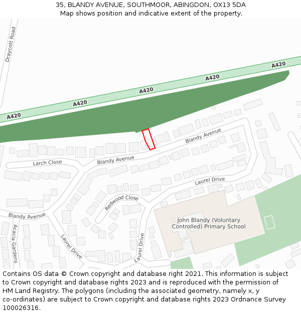 35, BLANDY AVENUE, SOUTHMOOR, ABINGDON, OX13 5DA: Location map and indicative extent of plot