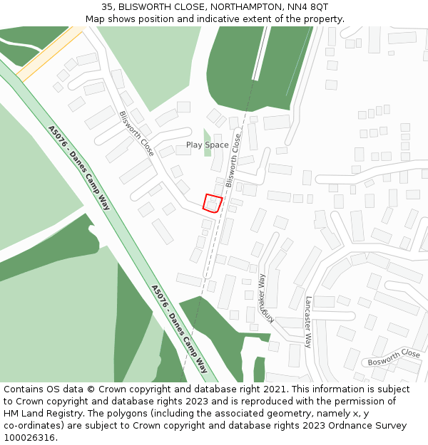 35, BLISWORTH CLOSE, NORTHAMPTON, NN4 8QT: Location map and indicative extent of plot