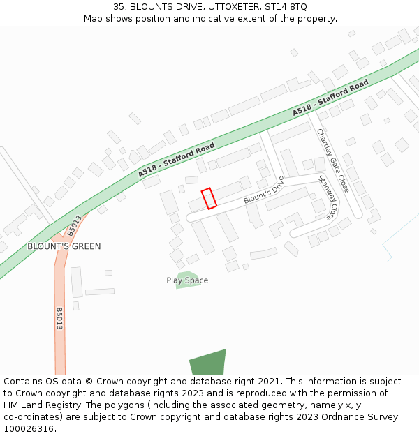 35, BLOUNTS DRIVE, UTTOXETER, ST14 8TQ: Location map and indicative extent of plot