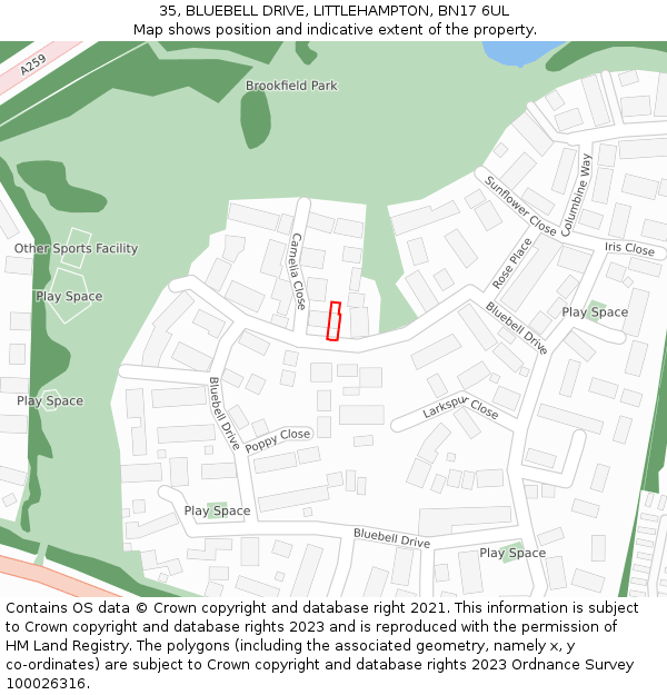 35, BLUEBELL DRIVE, LITTLEHAMPTON, BN17 6UL: Location map and indicative extent of plot