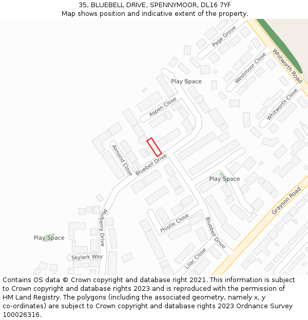 35, BLUEBELL DRIVE, SPENNYMOOR, DL16 7YF: Location map and indicative extent of plot