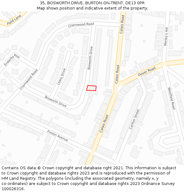 35, BOSWORTH DRIVE, BURTON-ON-TRENT, DE13 0PR: Location map and indicative extent of plot