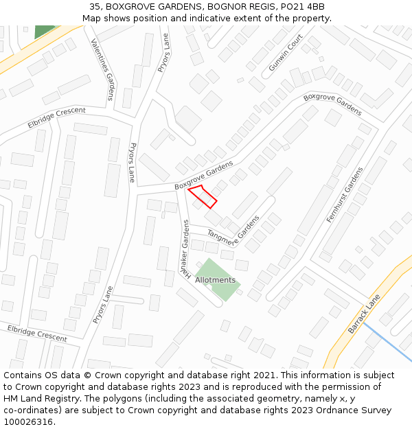 35, BOXGROVE GARDENS, BOGNOR REGIS, PO21 4BB: Location map and indicative extent of plot