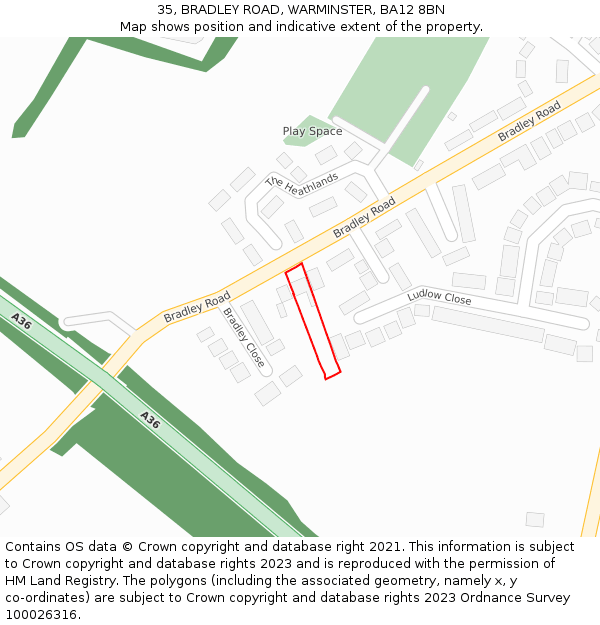 35, BRADLEY ROAD, WARMINSTER, BA12 8BN: Location map and indicative extent of plot