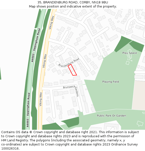 35, BRANDENBURG ROAD, CORBY, NN18 9BU: Location map and indicative extent of plot