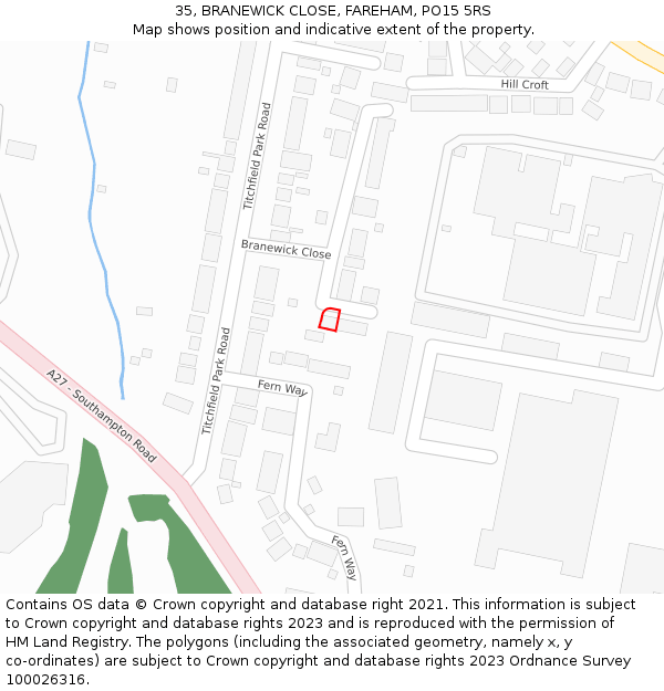 35, BRANEWICK CLOSE, FAREHAM, PO15 5RS: Location map and indicative extent of plot