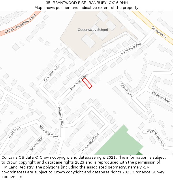 35, BRANTWOOD RISE, BANBURY, OX16 9NH: Location map and indicative extent of plot