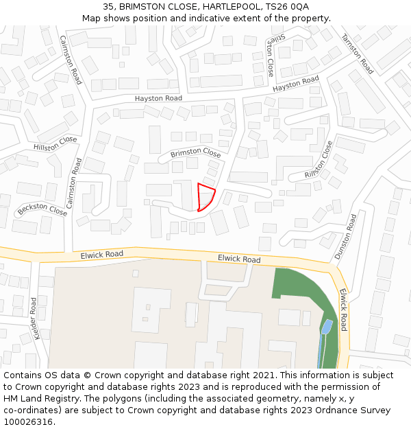 35, BRIMSTON CLOSE, HARTLEPOOL, TS26 0QA: Location map and indicative extent of plot