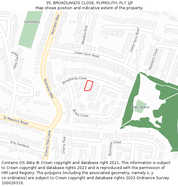 35, BROADLANDS CLOSE, PLYMOUTH, PL7 1JP: Location map and indicative extent of plot