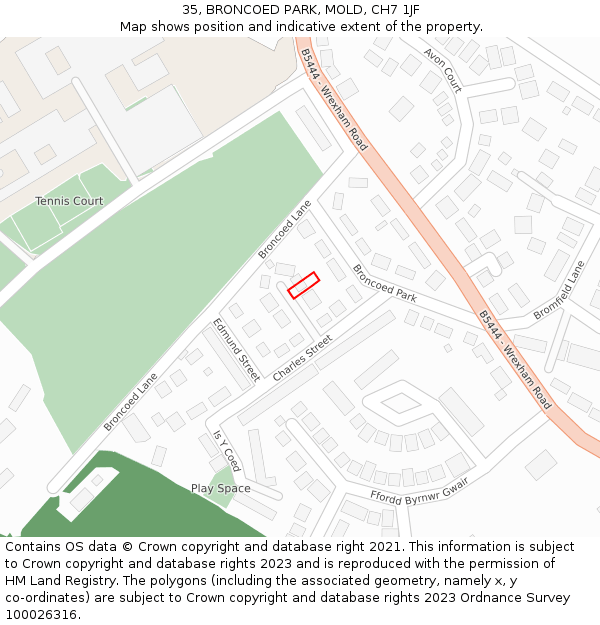 35, BRONCOED PARK, MOLD, CH7 1JF: Location map and indicative extent of plot