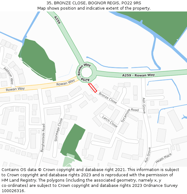 35, BRONZE CLOSE, BOGNOR REGIS, PO22 9RS: Location map and indicative extent of plot