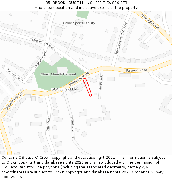 35, BROOKHOUSE HILL, SHEFFIELD, S10 3TB: Location map and indicative extent of plot