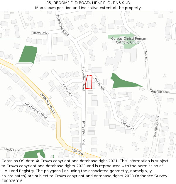 35, BROOMFIELD ROAD, HENFIELD, BN5 9UD: Location map and indicative extent of plot