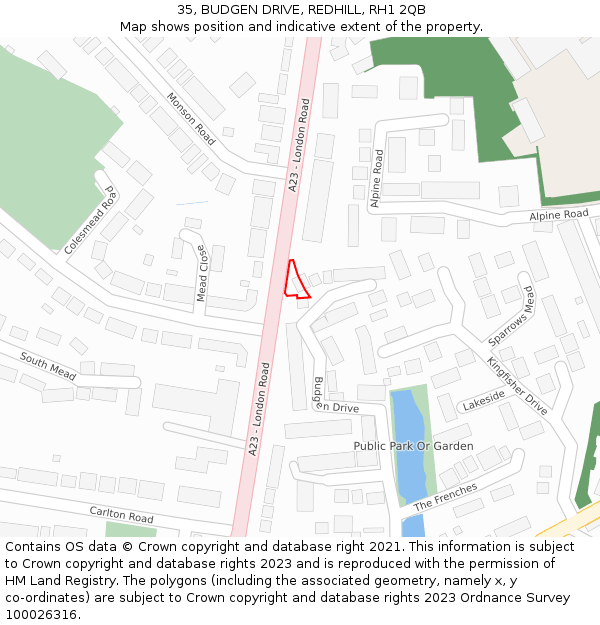 35, BUDGEN DRIVE, REDHILL, RH1 2QB: Location map and indicative extent of plot