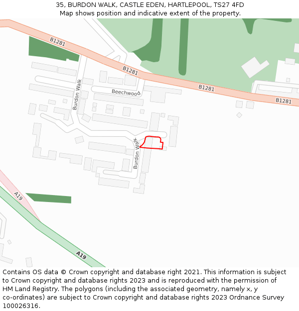 35, BURDON WALK, CASTLE EDEN, HARTLEPOOL, TS27 4FD: Location map and indicative extent of plot
