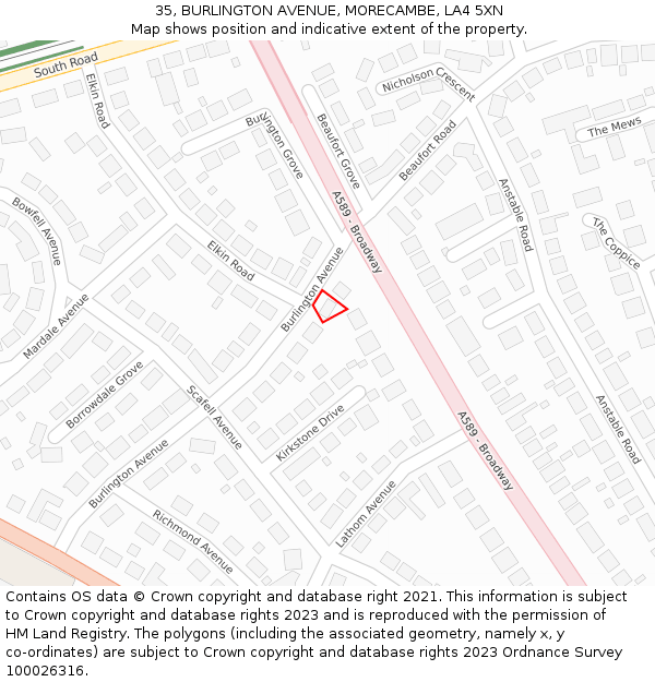 35, BURLINGTON AVENUE, MORECAMBE, LA4 5XN: Location map and indicative extent of plot
