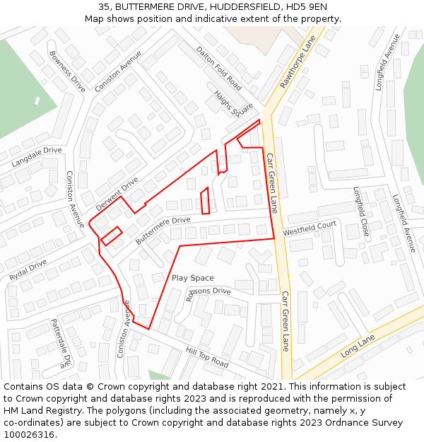 35, BUTTERMERE DRIVE, HUDDERSFIELD, HD5 9EN: Location map and indicative extent of plot