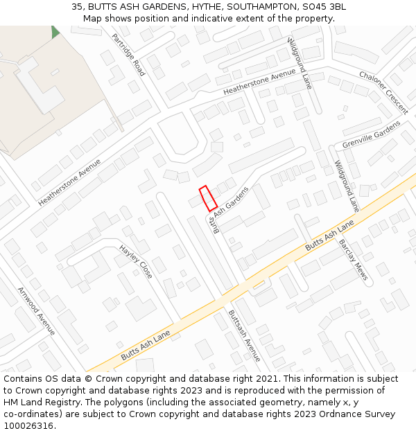 35, BUTTS ASH GARDENS, HYTHE, SOUTHAMPTON, SO45 3BL: Location map and indicative extent of plot