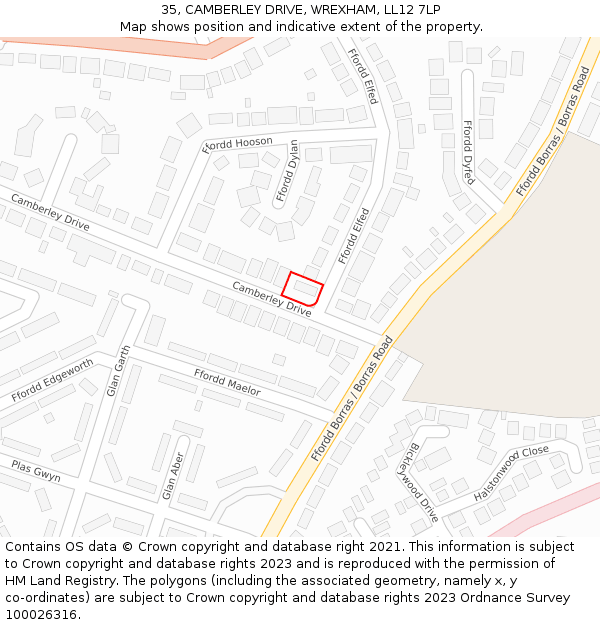 35, CAMBERLEY DRIVE, WREXHAM, LL12 7LP: Location map and indicative extent of plot
