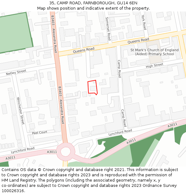 35, CAMP ROAD, FARNBOROUGH, GU14 6EN: Location map and indicative extent of plot