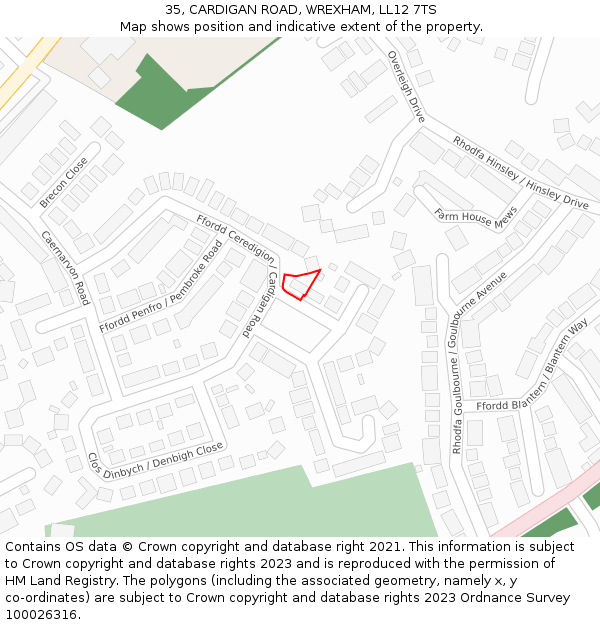 35, CARDIGAN ROAD, WREXHAM, LL12 7TS: Location map and indicative extent of plot