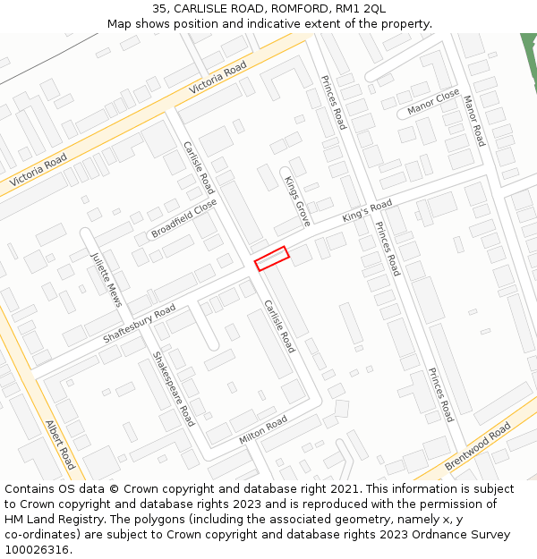 35, CARLISLE ROAD, ROMFORD, RM1 2QL: Location map and indicative extent of plot