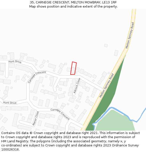 35, CARNEGIE CRESCENT, MELTON MOWBRAY, LE13 1RP: Location map and indicative extent of plot