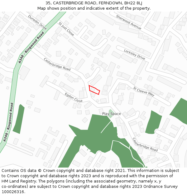 35, CASTERBRIDGE ROAD, FERNDOWN, BH22 8LJ: Location map and indicative extent of plot