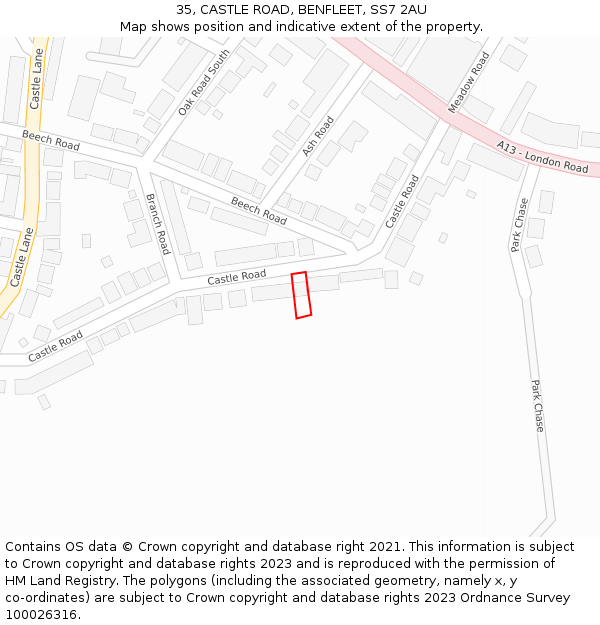 35, CASTLE ROAD, BENFLEET, SS7 2AU: Location map and indicative extent of plot