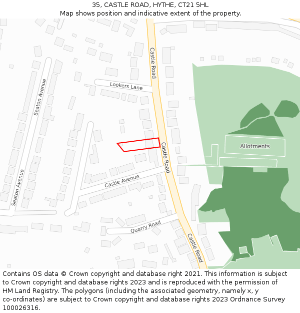 35, CASTLE ROAD, HYTHE, CT21 5HL: Location map and indicative extent of plot