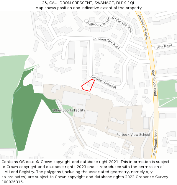 35, CAULDRON CRESCENT, SWANAGE, BH19 1QL: Location map and indicative extent of plot