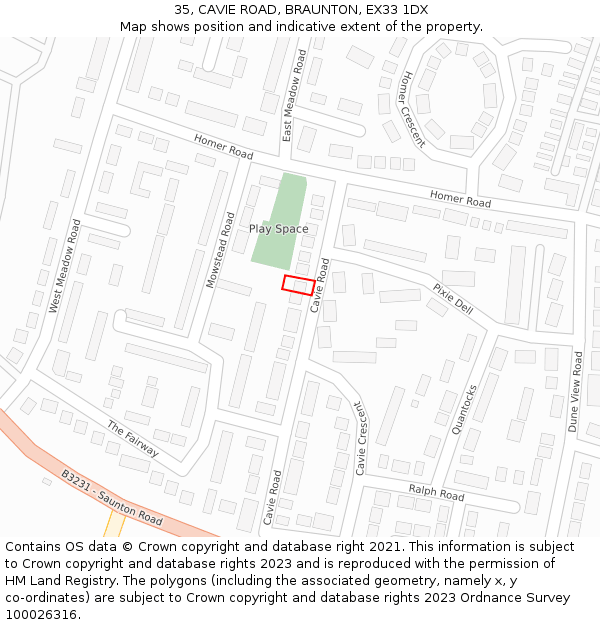 35, CAVIE ROAD, BRAUNTON, EX33 1DX: Location map and indicative extent of plot