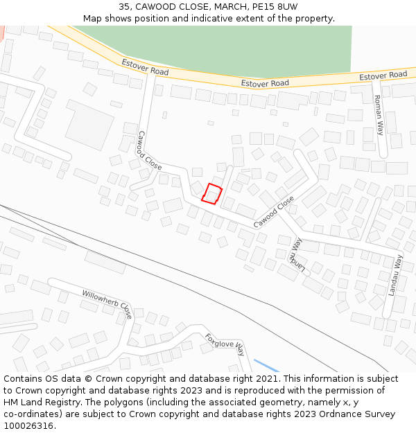 35, CAWOOD CLOSE, MARCH, PE15 8UW: Location map and indicative extent of plot