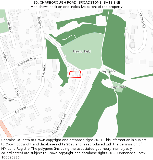 35, CHARBOROUGH ROAD, BROADSTONE, BH18 8NE: Location map and indicative extent of plot