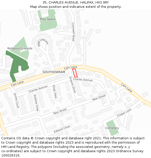 35, CHARLES AVENUE, HALIFAX, HX3 9RY: Location map and indicative extent of plot