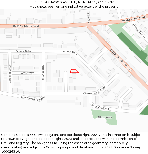 35, CHARNWOOD AVENUE, NUNEATON, CV10 7NY: Location map and indicative extent of plot