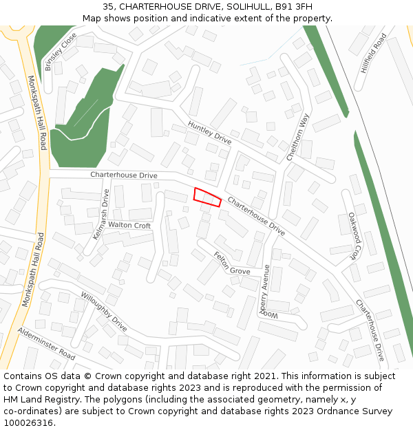 35, CHARTERHOUSE DRIVE, SOLIHULL, B91 3FH: Location map and indicative extent of plot