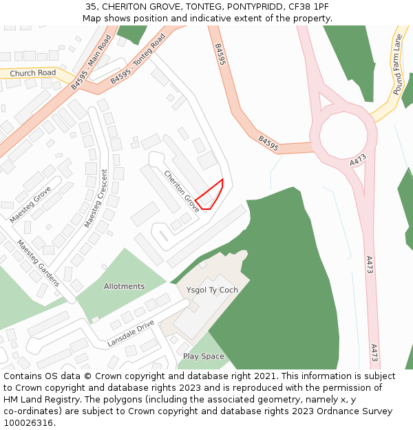 35, CHERITON GROVE, TONTEG, PONTYPRIDD, CF38 1PF: Location map and indicative extent of plot