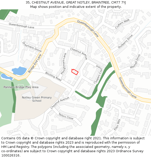 35, CHESTNUT AVENUE, GREAT NOTLEY, BRAINTREE, CM77 7YJ: Location map and indicative extent of plot