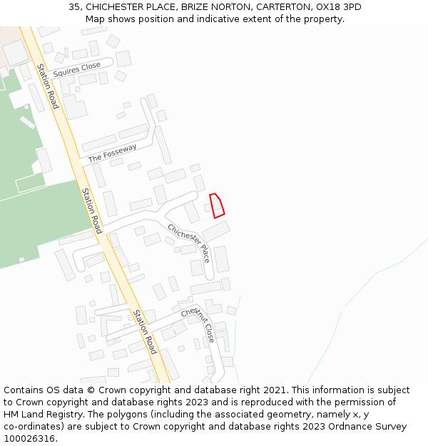 35, CHICHESTER PLACE, BRIZE NORTON, CARTERTON, OX18 3PD: Location map and indicative extent of plot