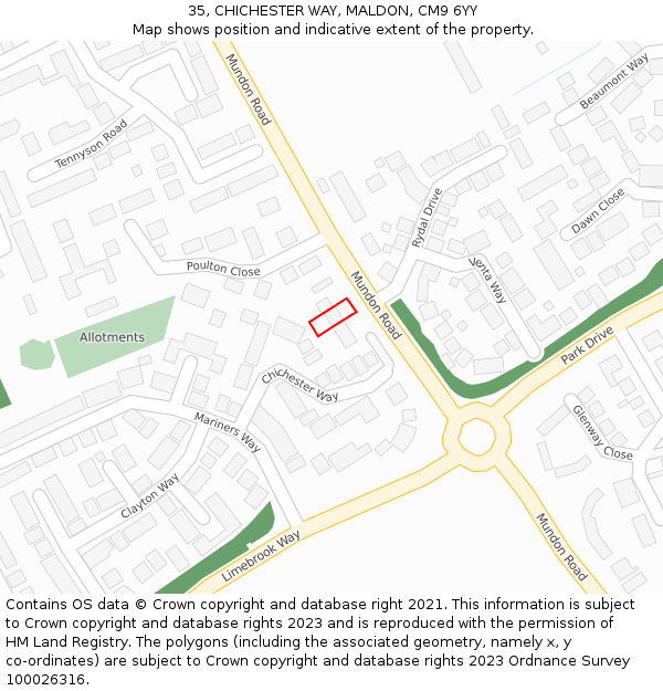 35, CHICHESTER WAY, MALDON, CM9 6YY: Location map and indicative extent of plot